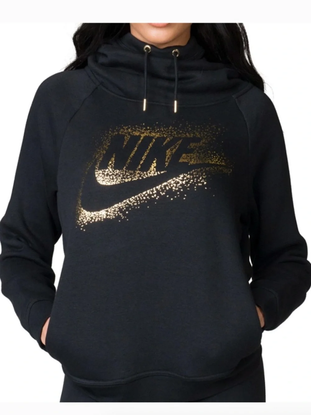 Nike Sportswear Rally Black and Gold Metallic Funnel Neck Hoodie Size Medium